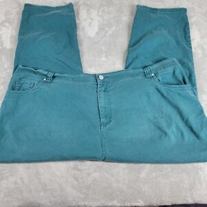 Catherines Green Sateen Jeans Size 32W Plus Comfort Stretch Elastic Waist Pocket